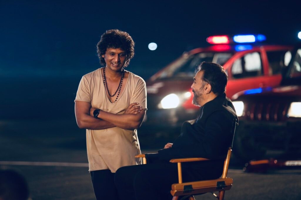 Director Lokesh Kanagaraj with Kamal Haasan on the set of the Lokesh Cinematic Universe film Vikram