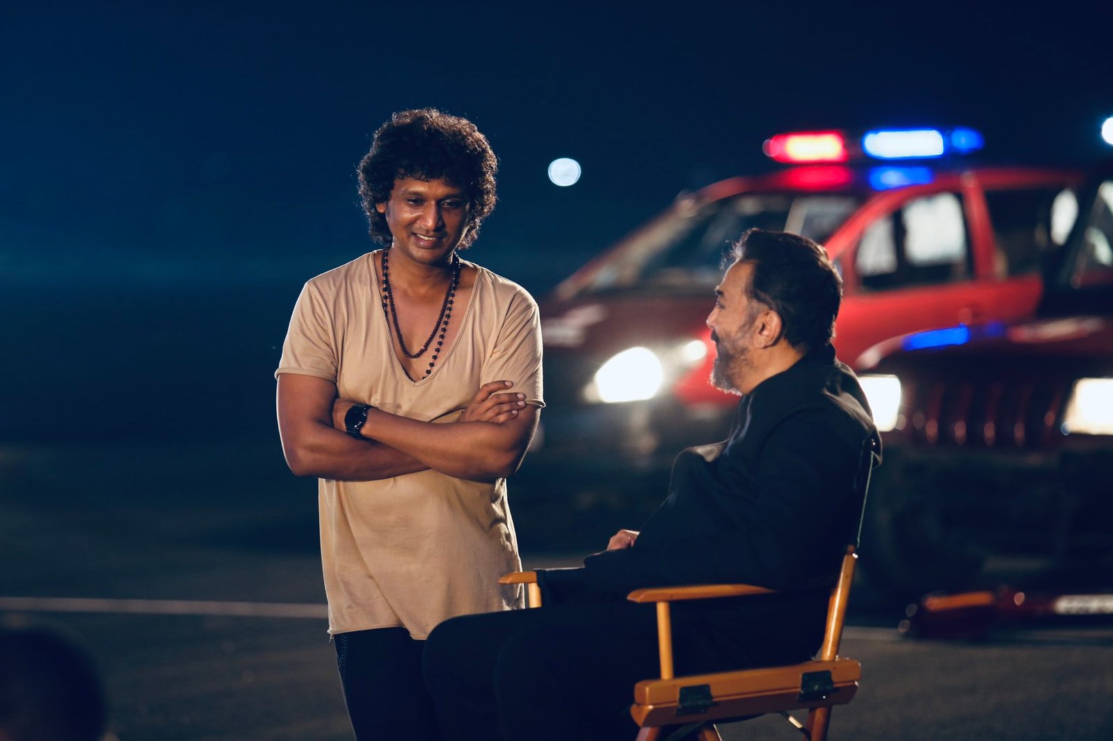 Director Lokesh Kanagaraj with Kamal Haasan on the set of the Lokesh Cinematic Universe film Vikram