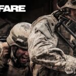 Soldiers in intense battlefield scene from Warfare movie