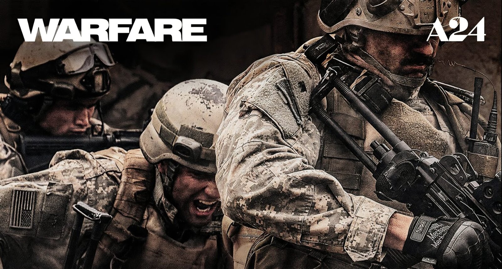 Soldiers in intense battlefield scene from Warfare movie